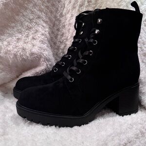 Women’s Black Combat Ankle Boots | Lace-Up + Side Zipper | Lug Sole Block Heel